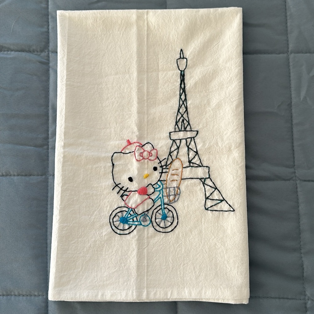 Hand embroidered Hello Kitty tea towel